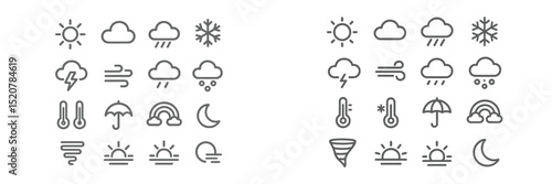 Weather icons collection depicting various atmospheric conditions including sun, rain, snow, clouds, and storms