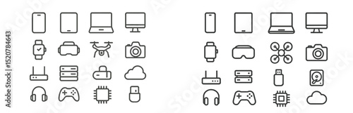 Various electronic devices and accessories arranged in a grid showcasing modern technology