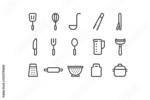 Kitchen utensils organized in a grid layout showcasing essential tools for cooking and baking in a modern kitchen setting