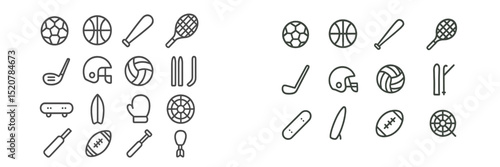 Collection of sport equipment icons illustrating various games and activities