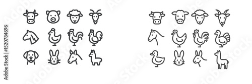 Various farm animal icons displayed in a neat grid showcasing a simple, minimalistic design style