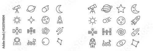 Space-themed line art with various celestial objects, rockets, and astronomical tools on a light background