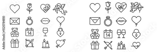 Valentine's Day themed icons featuring hearts, roses, and gifts in a simple, modern style