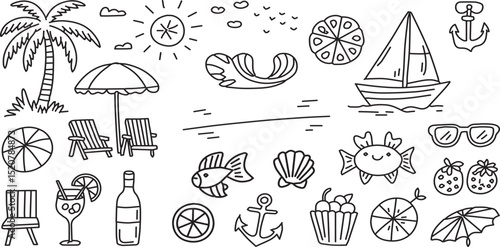 Tropical Summer Beach Icon Collection – Hand Drawn Doodle Set