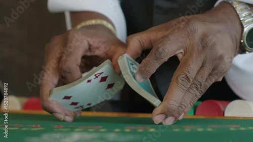 Blackjack dealer shuffling card deck