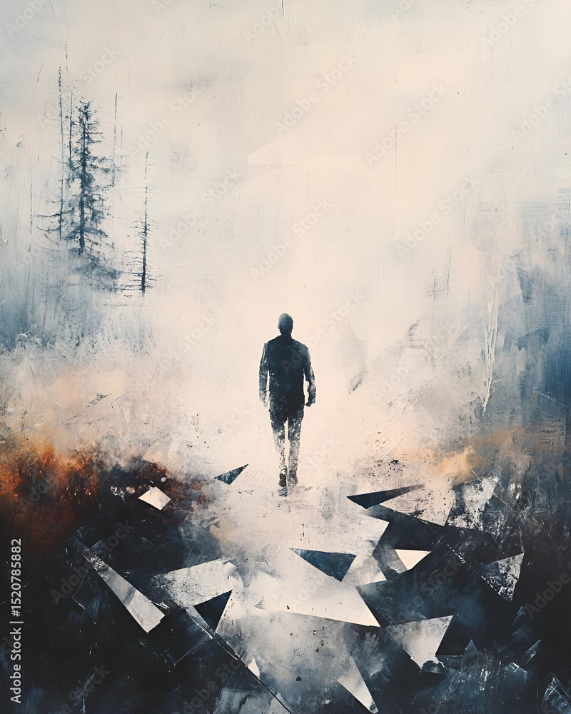 Obraz premium A blurred, fragmented figure walking away from a shattered landscape, symbolizing the departure from clarity and the uncertainty of modern existence
