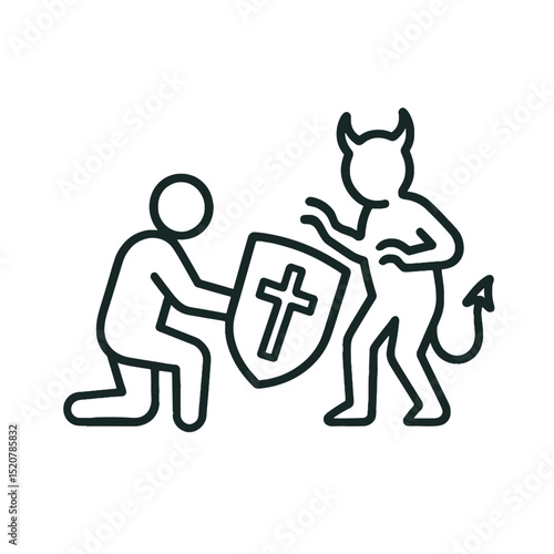 Christian faith symbolic icon of spiritual warfare with shield and devil figure