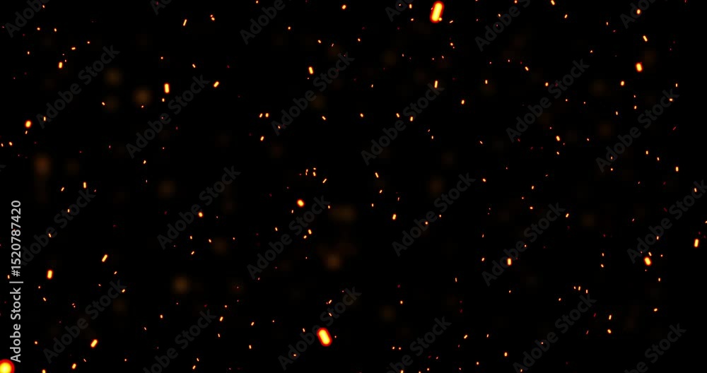 Realistic surreal ember fire dust slowly rising up on black bg 4K. Grunge dark fire sparks flying isolated. Overlay spark tiny flake burning animation. Hell rising burst inferno. Fire burst dust move