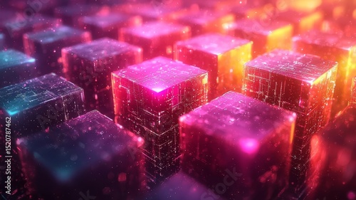 Vibrant abstract cubes illuminated in neon colors, creating a dynamic digital landscape, perfect for technology and innovation themes.