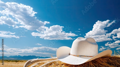 White Cowboy Hat on Straw Bales Under Blue Sky with Clouds