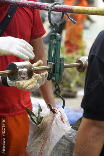 Several people are conducting a weighing operation to ensure accurate measurements