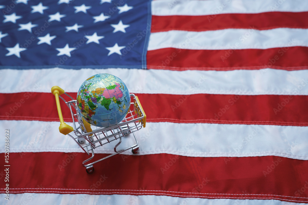 Shopping cart with globe on American flag symbolizing global business and politics Shopping cart with globe on American flag symbolizing global business and politics