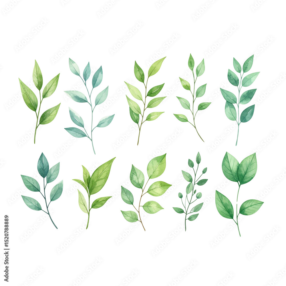 A set of green leaves vector illustration, isolated on white, perfect for natural eco design or seamless spring floral patterns A set of green leaves vector illustration, isolated on white, perfect for natural eco design or seamless spring floral patterns
