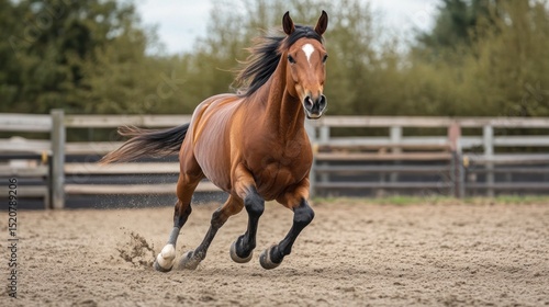 Brown horse galloping in arena