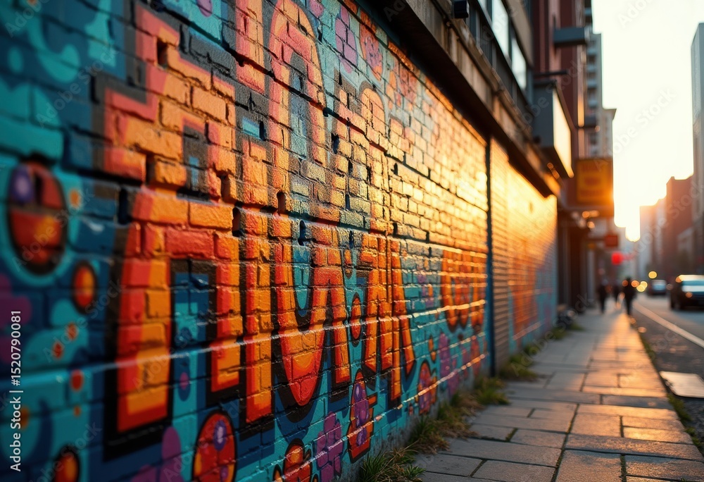 Fototapeta premium vibrant street art urban colorful mural graffiti brick wall creative expression cityscape urban artistry, design, artwork, painting, textures, pattern