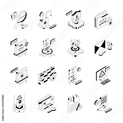 Visually engaging set showing cyber safety and attacks isometric icons