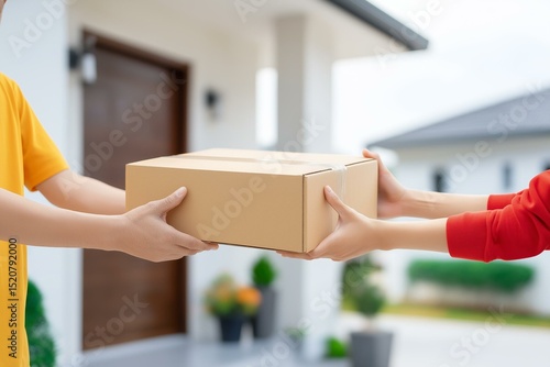 A person hands over a package at the doorstep, symbolizing delivery and communication in business.