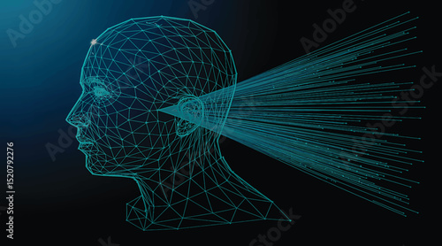 3D illustration of a glowing head representing the mind and soul geometry with fractal elements and digital energy