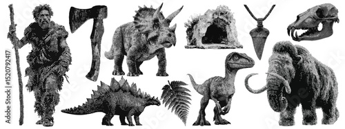 Set of prehistoric dinosaur halftone grunge vector design elements