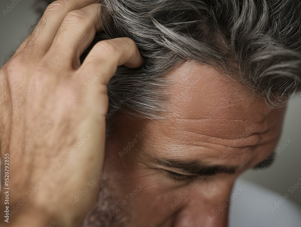 Fototapeta premium Close-up of a man scratching his head, expressing confusion or contemplation in a thoughtful moment.