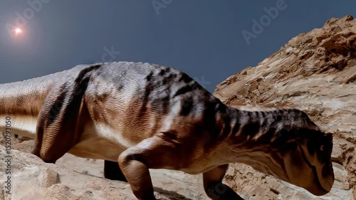 Dynamic dinosaur exploration: realistic prehistoric creature in rocky terrain with sunlit backdrop