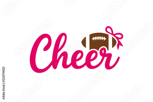 Cheer Script with Football and Bow Design, Playful cheerleading graphic featuring pink script text, a football with stitches, and a matching pink bow for spirited sports themes.

