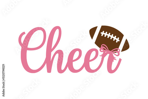 Cheer Script with Football and Bow Design, Playful cheerleading graphic featuring pink script text, a football with stitches, and a matching pink bow for spirited sports themes.

