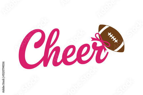 Cheer Script with Football and Bow Design, Playful cheerleading graphic featuring pink script text, a football with stitches, and a matching pink bow for spirited sports themes.


