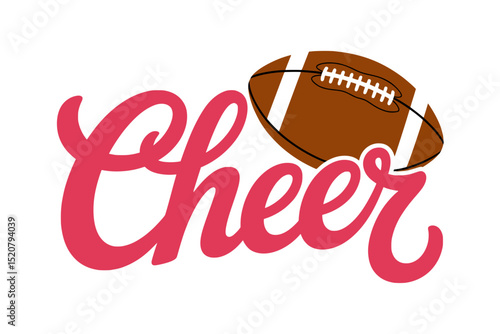 Cheer Script with Football and Bow Design, Playful cheerleading graphic featuring pink script text, a football with stitches, and a matching pink bow for spirited sports themes.

