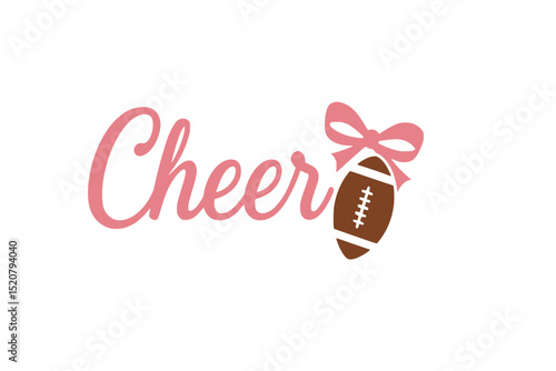 Cheer Script with Football and Bow Design, Playful cheerleading graphic featuring pink script text, a football with stitches, and a matching pink bow for spirited sports themes.

