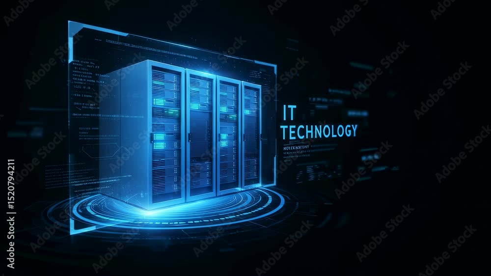 Server rack animation with IT technology text. Data center cyber ...