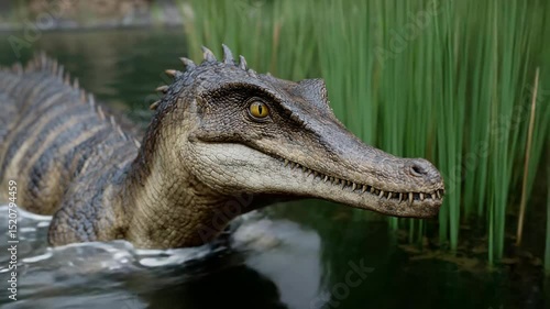 Dinosaur emerges from water: realistic animation of prehistoric creature in natural habitat