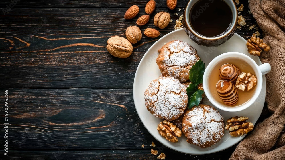 Fototapeta premium Delicious Treats with Coffee and Honey on Rustic Wooden Table