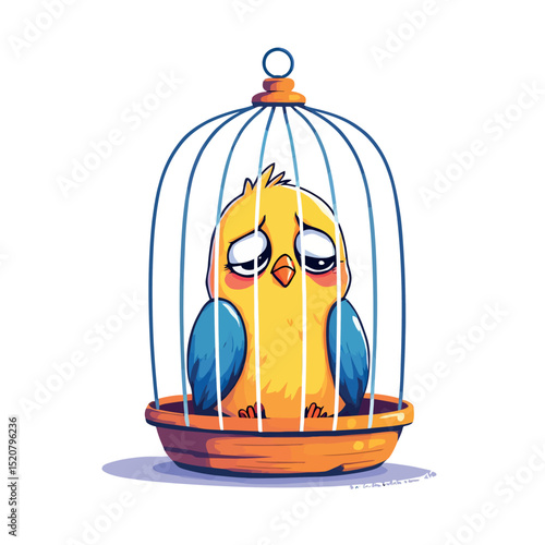 Vsai sad yellow canary bird feeling trapped inside cage