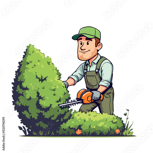 Vsai gardener trimming hedge with electric hedge trimmer in garden
