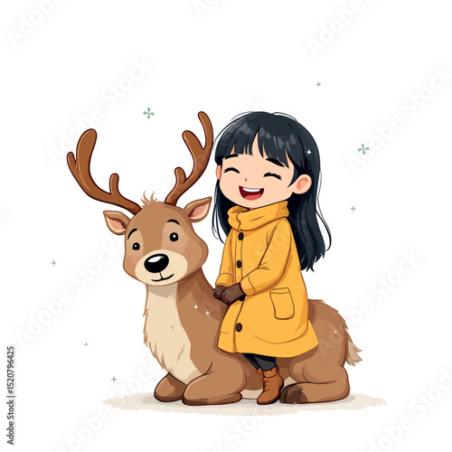 Vsai happy girl riding reindeer in winter wonderland