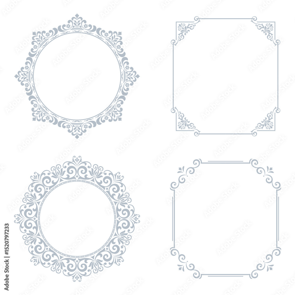 Set of decorative frames Elegant vector element for design in Eastern style, place for text. Floral gray and white borders. Lace illustration for invitations and greeting cards Set of decorative frames Elegant vector element for design in Eastern style, place for text. Floral gray and white borders. Lace illustration for invitations and greeting cards
