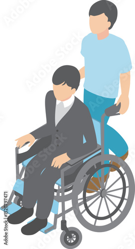 アイソメトリック　俯瞰　人物　男性　車椅子　介護　福祉　介護士　福祉　メディカル　イラスト