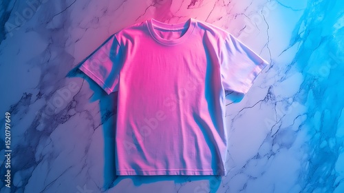 Blank white t-shirt displayed on a marble surface with vibrant lighting.