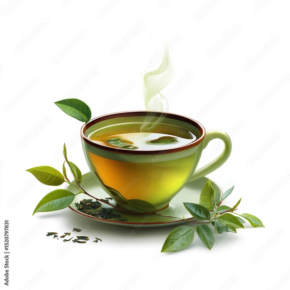 Refreshing cup of green tea with fresh leaves and steam for a healthy and relaxing beverage time Refreshing cup of green tea with fresh leaves and steam for a healthy and relaxing beverage time