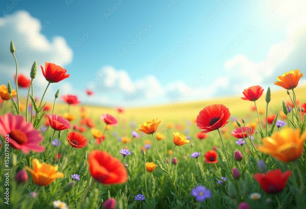 Fototapeta premium vibrant wildflower fields colorful blossoms green grass blue sky sunshine nature scenic landscape, flora, meadow, bloom, spring, environment, plant