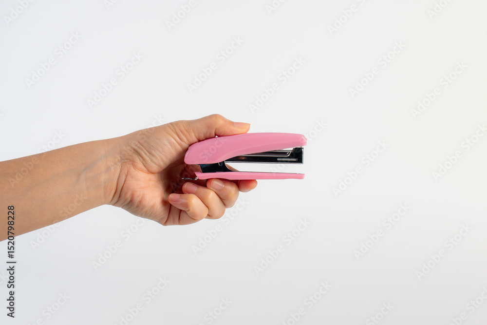 Naklejka premium Pink stapler in hand on white background