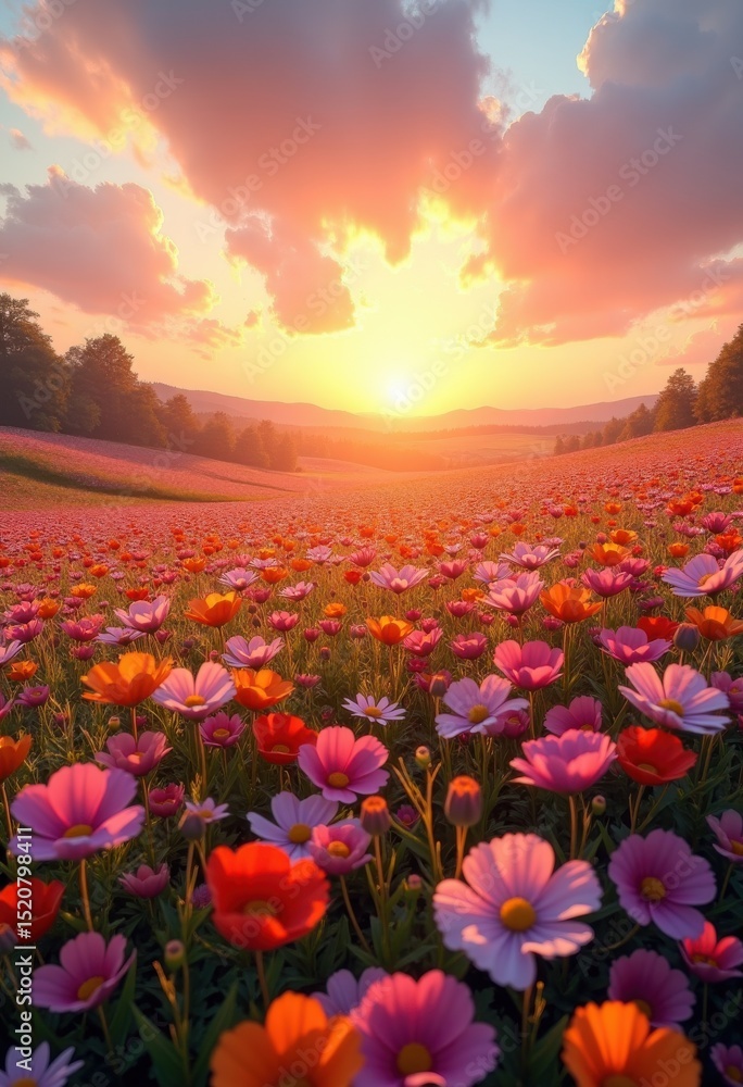 Obraz premium vibrant wildflower fields sunset nature landscape colorful blossom meadow horizon, rainbow, lgbtq, lgbt, pride, love, equality, plant, flora, sky, wildlife
