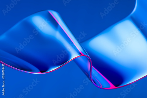 Abstract 3D glass ribbon with neon reflections on a blue background