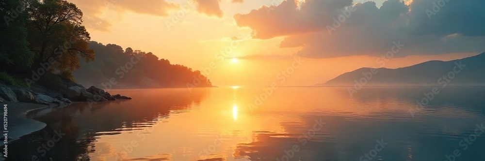 Fototapeta premium Serene waterfront scene at sunrise, calm water reflecting the golden light, tranquil atmosphere Ideal for travel, nature, and relaxation themes , river, calm