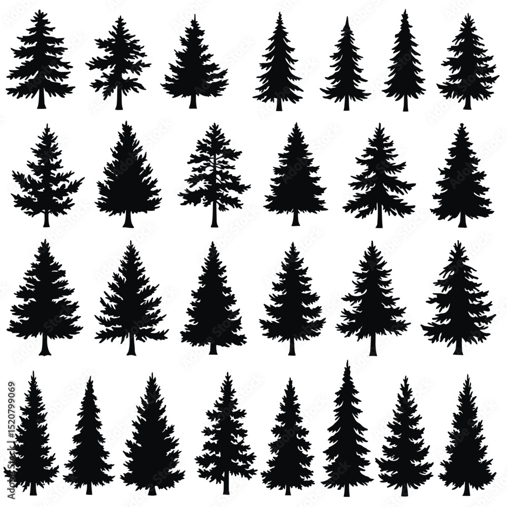 Fototapeta premium Pine Tree Silhouette Vector Set Featuring Natural Forest Elements.