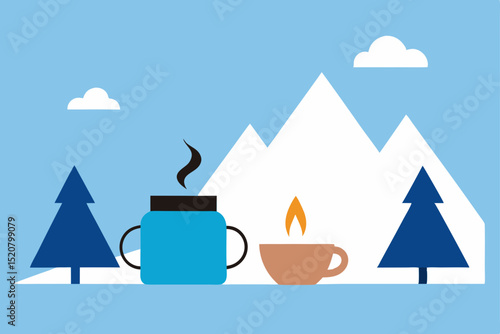hot drink steaming beside a firepit in winter camp.svg