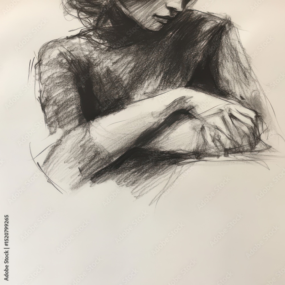 Fototapeta premium A Charcoal Sketch of a Woman Contemplating