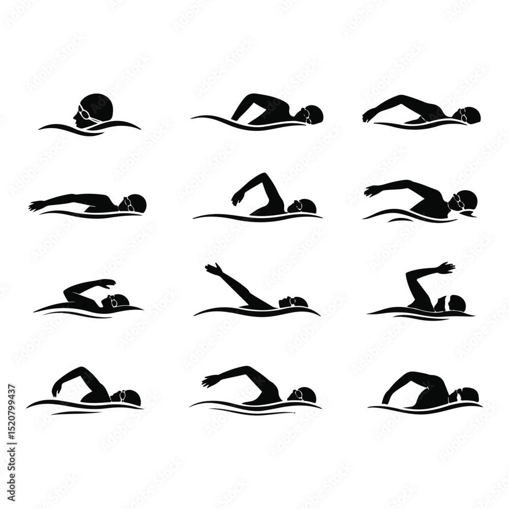 Obraz premium Swimming Strokes Silhouette Set, Swimmer in Various Positions on Transparent Background