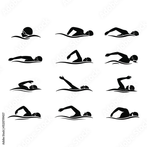Swimming Strokes Silhouette Set, Swimmer in Various Positions on Transparent Background